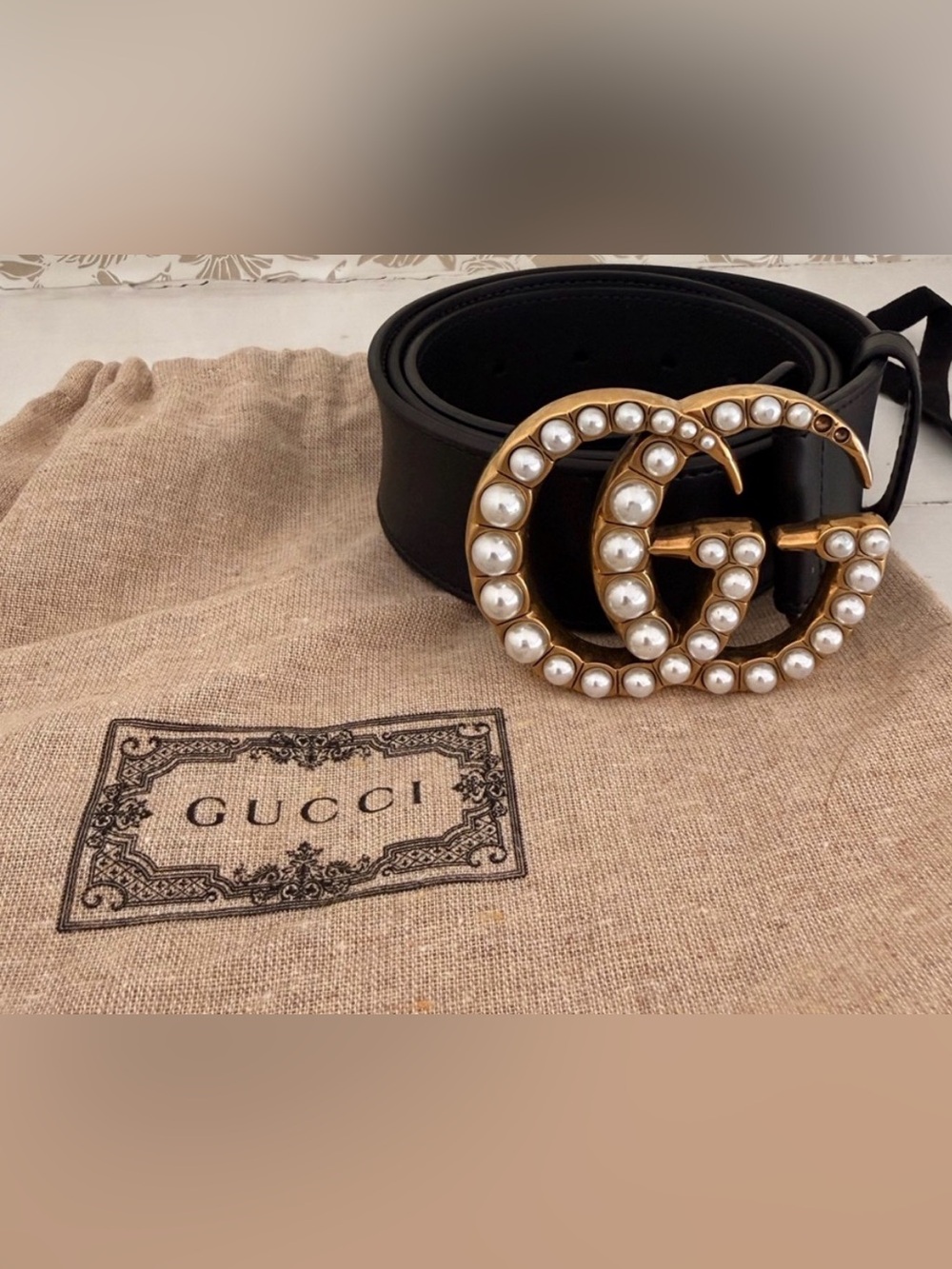 Gucci Black Leather Belt with Gold Pearl-Embellished Double G Buckle